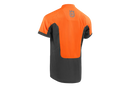 This Husqvarna Hi Vis Work T-Shirt Short Sleeve features a half-zip design and is made from quick-drying fabric. The top part and shoulder areas are bright orange, while the lower part is dark gray. "Husqvarna" is printed vertically on the left chest in gray, with a small logo near the zipper.