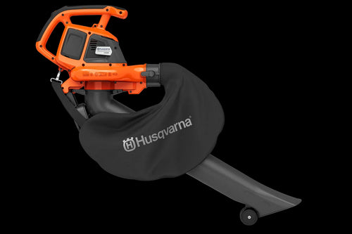 A Husqvarna 120iBV Blower/Vac (skin) with a large nozzle, perfect for your garden or forestry tasks. The blower features a top handle, operation buttons, and a wheel attachment at the base of the nozzle for easier maneuverability. Its modern design ensures efficient outdoor leaf clearing.