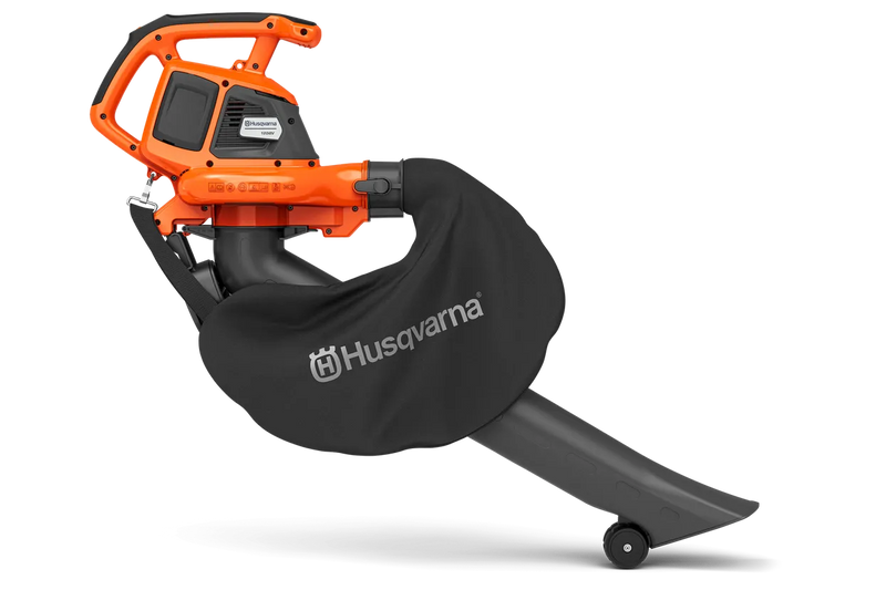 A Husqvarna 120iBV Blower/Vac (skin) with a large nozzle, perfect for your garden or forestry tasks. The blower features a top handle, operation buttons, and a wheel attachment at the base of the nozzle for easier maneuverability. Its modern design ensures efficient outdoor leaf clearing.