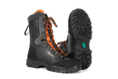 A pair of Husqvarna Protective boots - (Leather) with saw protection C20 by Husqvarna, featuring an all-black design accented with orange laces and trims. One boot stands upright, while the other tilts to reveal a grooved sole adorned with a turquoise hexagonal logo. The boots are equipped with metal eyelets and hooks for lacing and boast thick, rugged soles designed for optimal traction.
