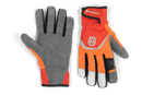 Introducing the Husqvarna Technical Light Gloves by Husqvarna: a pair of protective gloves featuring gray palms, orange backs, white fingertips, and black trim. The left glove is displayed palm up, while the right glove is shown palm down, showcasing the Husqvarna logo and text on the wrist area against a black background. Designed for forestry work, these gloves are also touch screen-friendly.