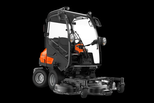 A large, orange and black Husqvarna P 525DX Rider Mower with a high seat, roll bar, and dual front cutting blades. This high-capacity diesel-powered front mower features a steering wheel, pedals, and a robust design with sturdy, high-grip tires for efficient lawn maintenance.