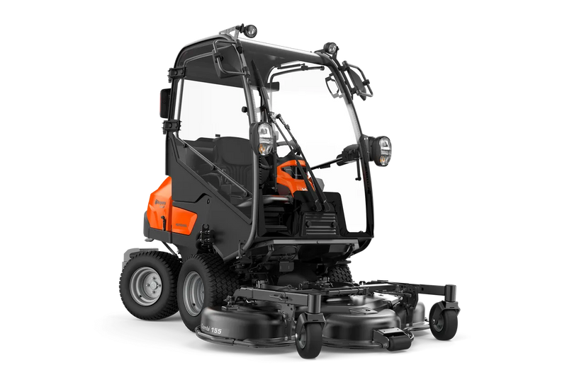 A large, orange and black Husqvarna P 525DX Rider Mower with a high seat, roll bar, and dual front cutting blades. This high-capacity diesel-powered front mower features a steering wheel, pedals, and a robust design with sturdy, high-grip tires for efficient lawn maintenance.