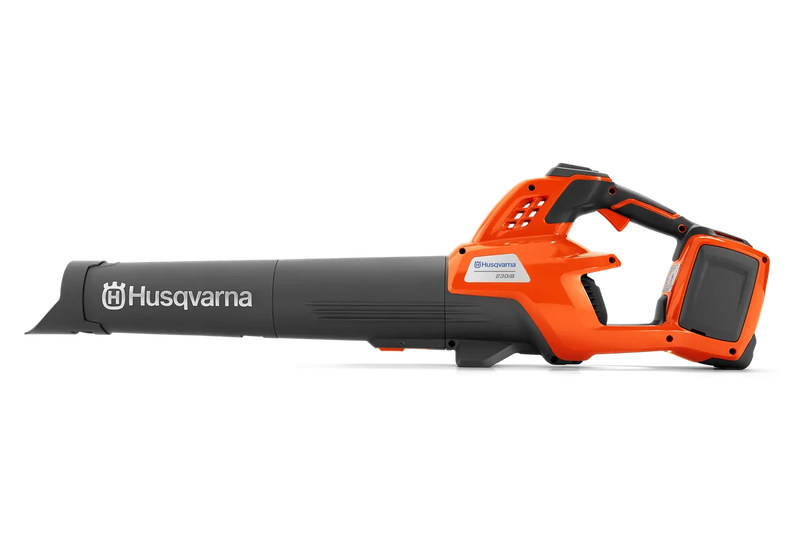 The Husqvarna 230iB Leaf Blower skin, featuring a brushless motor for enhanced efficiency, showcases a sleek orange design with black and gray accents. The "Husqvarna" name is proudly displayed on the tube, and its ergonomic handle ensures comfortable operation.