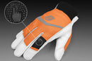 The Husqvarna Functional Gloves Light Comfort are displayed against a black background. The gloves, primarily white with orange accents and reinforced gray patches, feature the Husqvarna "H" logo on the back. One glove is shown palm up and the other palm down, highlighting their suitability as touch screen-friendly gardening gloves.
