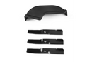 Several black automotive parts are arranged on a white background. The parts include blade-like components, curved sections, and rectangular pieces with holes or cutouts for fitting. The design suggests these could be from the Husqvarna 54" Mulching Kit, specifically designed for the ClearCut Deck.