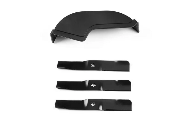 Several black automotive parts are arranged on a white background. The parts include blade-like components, curved sections, and rectangular pieces with holes or cutouts for fitting. The design suggests these could be from the Husqvarna 54" Mulching Kit, specifically designed for the ClearCut Deck.