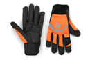 The Husqvarna Functional Gloves Light Non-slip, in orange and black, are displayed on a dark background. A magnified circular inset provides a closer view of the glove's index finger, emphasizing its touch screen-friendly feature for using touchscreen devices. The protective gloves also have a reflective strip and display the Husqvarna logo on the back of the hand.