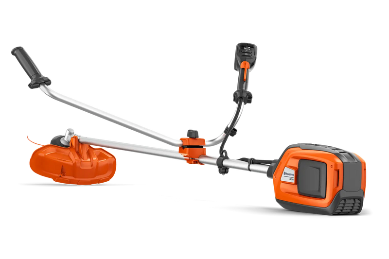 A Husqvarna 325iR Brushcutter (skin) lays on a white background. Perfect for lawns and other outdoor maintenance, the tool features a long silver shaft with a black handle at the top and an orange cutting head at the bottom. The motor is housed in an orange casing near the handle.