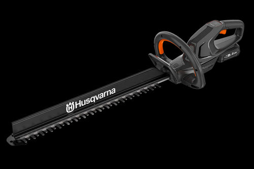 This image features a Husqvarna Aspire™ H50 Hedge Trimmer (Kit) with an 18V battery, perfect for outdoor tasks. The trimmer has an ergonomic black handle with orange accents, a long cutting blade, and is part of the "Power for All" Alliance.