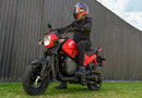 The Honda NAVi NVA110, by Honda, is a vibrant red mini motorcycle that emphasizes urban mobility with its compact design. It features a sleek black seat and the iconic Honda logo prominently displayed on its fuel tank. Equipped with thick black wheels and a short exhaust, this model expertly combines elements of a scooter and motorcycle to create an efficient ride ideal for city streets.