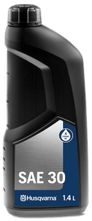 A 1.4-liter container of Husqvarna WP 4T SAE 30 high-quality oil, perfect for engine protection in 4-stroke lawnmowers. The black bottle features a label displaying the Husqvarna brand name, product type, and capacity.