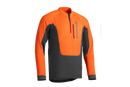 The Husqvarna Hi Vis Work T-Shirt Long Sleeve, featuring an orange and dark gray design, is a warm-weather work shirt with a half-zip front and high collar. "Husqvarna" is printed vertically on the left chest. Made from quick-drying fabric, this durable shirt is ideal for rugged outdoor activities or labor.
