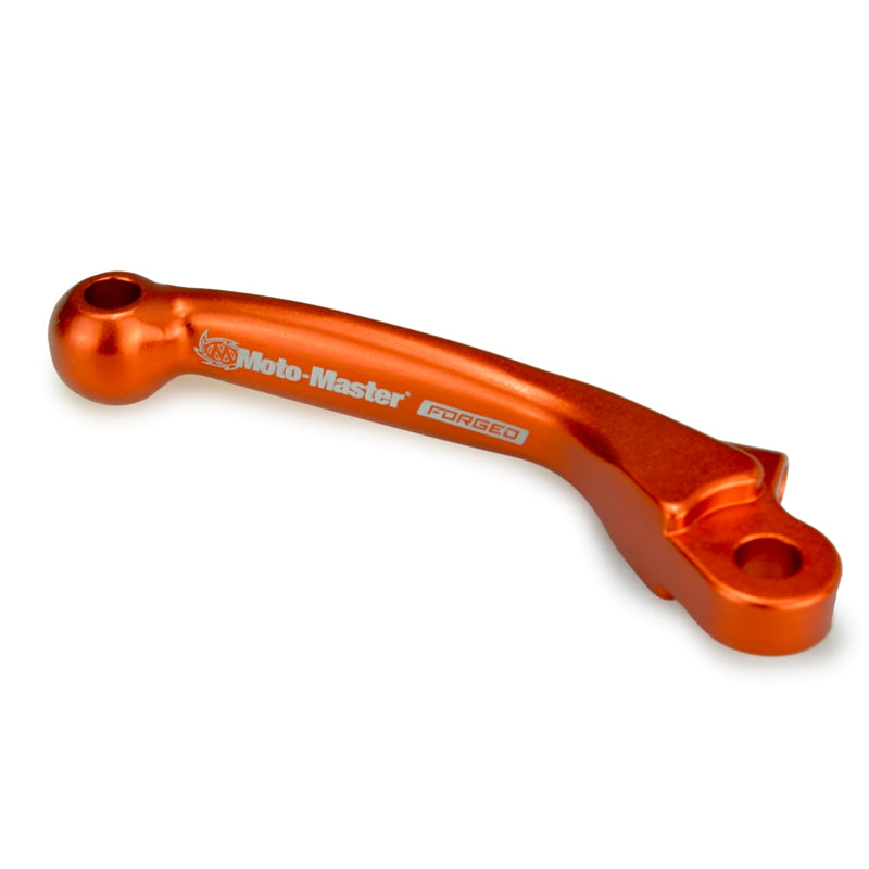 An orange MOTO MASTER MX Pivot Brake Lever with a sleek design, perfect as a Replacement Lever for Pivot Set on KTM bikes. It features a hole at one end for attachment and proudly displays the Moto Master logo along with the word "FORGED" printed on the side.