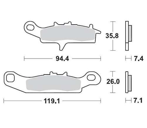A diagram illustrating the dimensions of two MOTO MASTER sintered brake pads with high-temperature resistance. The top BRAKE PADS MOTO MASTER PRO SINTERED FRONT LEFT FOR KAWASAKI FRONT RIGHT FOR KAWASAKI SUZUKI measures 94.4 mm in length, 35.8 mm in height, and has a thickness of 7.4 mm. The bottom brake pad measures 119.1 mm in length, 26.0 mm in height, and has a thickness of 7.1 mm.
