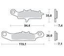 A diagram illustrating the dimensions of two MOTO MASTER sintered brake pads with high-temperature resistance. The top BRAKE PADS MOTO MASTER PRO SINTERED FRONT LEFT FOR KAWASAKI FRONT RIGHT FOR KAWASAKI SUZUKI measures 94.4 mm in length, 35.8 mm in height, and has a thickness of 7.4 mm. The bottom brake pad measures 119.1 mm in length, 26.0 mm in height, and has a thickness of 7.1 mm.
