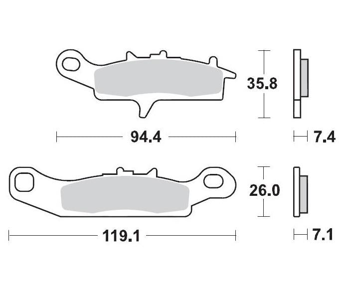 A diagram illustrating the dimensions of two MOTO MASTER sintered brake pads with high-temperature resistance. The top BRAKE PADS MOTO MASTER PRO SINTERED FRONT LEFT FOR KAWASAKI FRONT RIGHT FOR KAWASAKI SUZUKI measures 94.4 mm in length, 35.8 mm in height, and has a thickness of 7.4 mm. The bottom brake pad measures 119.1 mm in length, 26.0 mm in height, and has a thickness of 7.1 mm.
