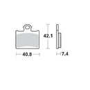 Diagram of a MOTO MASTER BRAKE PADS REAR MOTO MASTER PRO SINTERED FOR HUSQVARNA KTM FREERIDE with dimensions. The width is 40.8 mm, the height is 42.1 mm, and the thickness is 7.4 mm. This sintered metal brake pad has a tab at the top with a hole for attachment, suitable for MX/Enduro applications.
