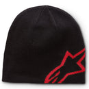 The Alpinestars Corp Shift Beanie in Black/Red by ALPINESTARS features a sleek black design with a partial red star on the lower right side, making it perfect for MX and motorbike enthusiasts. Crafted from simple yet stylish knit fabric, it's ideal for keeping warm in cold weather.