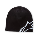 The Alpinestars Corp Shift Beanie Black from ALPINESTARS displays a partial white design resembling a stylized fox or wolf head in a sweater knit texture, forming a unique logo on one side.