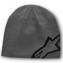 The Alpinestars Corp Shift Beanie Charcoal by ALPINESTARS features a gray acrylic design with a black geometric pattern starting at the bottom right corner, offering a simple, fitted style without visible branding for optimal comfort and style.