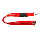 The Alpinestars Core Lanyard Red from ALPINESTARS features a red logo with white text and black outline, a black plastic buckle, and a metal swivel clip.