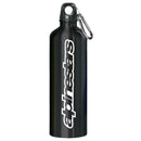 The Alpinestars Alpinestars Water Bottle Black by ALPINESTARS, made from anodised aluminium, features "alpinestars" in bold white and includes a silver carabiner keychain on the lid for easy carrying.