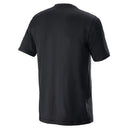 The Alpinestars Ageless v3 Tech Tee is a black cycling shirt featuring a stylized star and "ALPINESTARS ONE GOAL ONE VISION" text. Made from a moisture-wicking, performance blend, the gray and black design suits an active lifestyle.