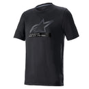 The Alpinestars Ageless v3 Tech Tee is a black cycling shirt featuring a stylized star and "ALPINESTARS ONE GOAL ONE VISION" text. Made from a moisture-wicking, performance blend, the gray and black design suits an active lifestyle.