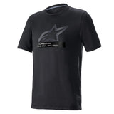 The Alpinestars Ageless v3 Tech Tee is a black cycling shirt featuring a stylized star and "ALPINESTARS ONE GOAL ONE VISION" text. Made from a moisture-wicking, performance blend, the gray and black design suits an active lifestyle.