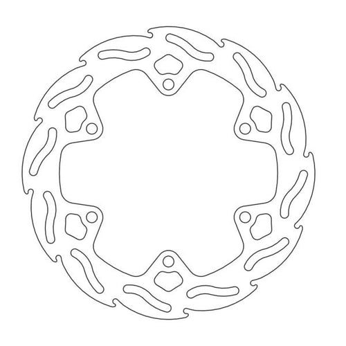 A black and white outline illustration of a MOTO MASTER *BRAKE DISC REAR MOTO-MASTER SM DESIGN YAMAHA YZF R6 99-02 R1 02-03. The rotor is circular with wave-like cutouts along its edge and has multiple holes and openings within the inner structure for mounting and weight reduction.