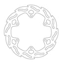 A black and white outline illustration of a MOTO MASTER *BRAKE DISC REAR MOTO-MASTER SM DESIGN YAMAHA YZF R6 99-02 R1 02-03. The rotor is circular with wave-like cutouts along its edge and has multiple holes and openings within the inner structure for mounting and weight reduction.
