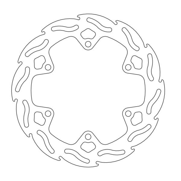 A black and white outline illustration of a MOTO MASTER *BRAKE DISC REAR MOTO-MASTER SM DESIGN YAMAHA YZF R6 99-02 R1 02-03. The rotor is circular with wave-like cutouts along its edge and has multiple holes and openings within the inner structure for mounting and weight reduction.