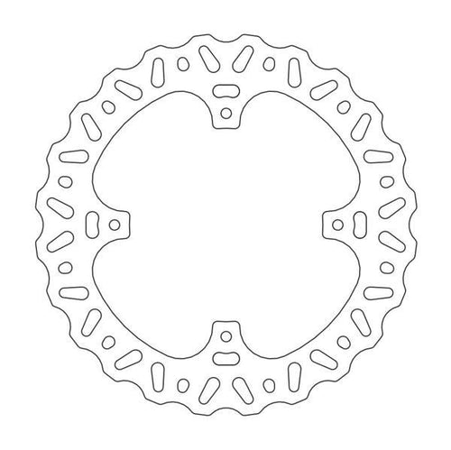 A detailed black and white outline of a BRAKE DISC MOTO MASTER NITRO REAR HONDA CR125R CR250R 02-07 CRF250R 04-20 CRF250X 04-17 CRF450R. The rotor features a round, multi-spoked design with a wavy external edge and multiple cut-out sections and slots throughout the surface for weight reduction and improved braking performance.