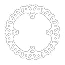 A detailed black and white outline of a BRAKE DISC MOTO MASTER NITRO REAR HONDA CR125R CR250R 02-07 CRF250R 04-20 CRF250X 04-17 CRF450R. The rotor features a round, multi-spoked design with a wavy external edge and multiple cut-out sections and slots throughout the surface for weight reduction and improved braking performance.