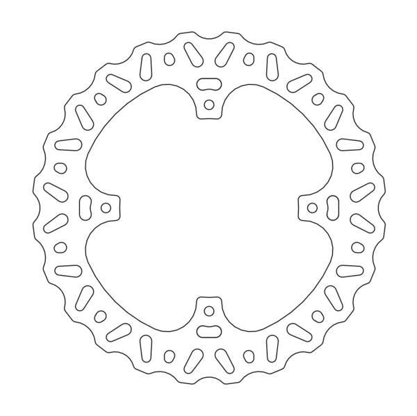 A detailed black and white outline of a BRAKE DISC MOTO MASTER NITRO REAR HONDA CR125R CR250R 02-07 CRF250R 04-20 CRF250X 04-17 CRF450R. The rotor features a round, multi-spoked design with a wavy external edge and multiple cut-out sections and slots throughout the surface for weight reduction and improved braking performance.