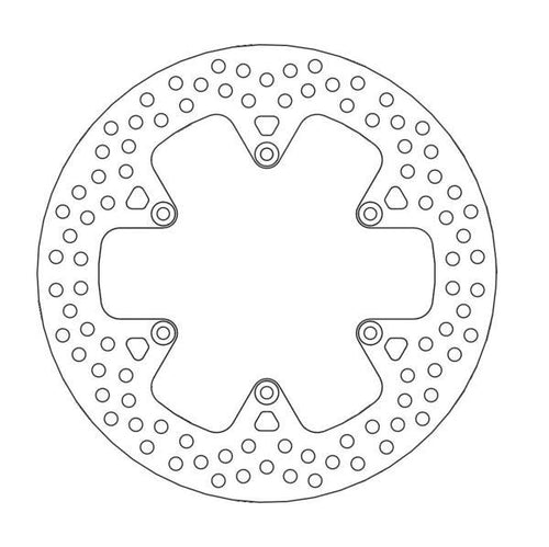 A line art illustration of a circular motorcycle brake disc rotor. The BRAKE DISC REAR MOTO MASTER HALO KTM 690SM 690SMC 07-14 950 ADVENTURE 03-06 by MOTO MASTER, ideal for high performance braking, features a series of small, evenly spaced holes along the outer edge and four larger triangular cutouts symmetrically arranged around its center.