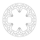 A line art illustration of a circular motorcycle brake disc rotor. The BRAKE DISC REAR MOTO MASTER HALO KTM 690SM 690SMC 07-14 950 ADVENTURE 03-06 by MOTO MASTER, ideal for high performance braking, features a series of small, evenly spaced holes along the outer edge and four larger triangular cutouts symmetrically arranged around its center.