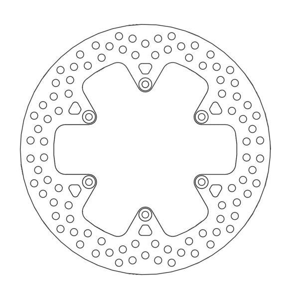 A line art illustration of a circular motorcycle brake disc rotor. The BRAKE DISC REAR MOTO MASTER HALO KTM 690SM 690SMC 07-14 950 ADVENTURE 03-06 by MOTO MASTER, ideal for high performance braking, features a series of small, evenly spaced holes along the outer edge and four larger triangular cutouts symmetrically arranged around its center.