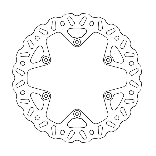 A line drawing of a circular MOTO MASTER BRAKE DISC REAR MOTO MASTER NITRO YAMAHA YZ450F 20-21. The rotor features FLAME design cut-out shapes around the inner and outer edges, with a five-point star-shaped hub in the center. The outer edge has a wavy pattern for maximum control.
