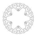 A line drawing of a circular MOTO MASTER BRAKE DISC REAR MOTO MASTER NITRO YAMAHA YZ450F 20-21. The rotor features FLAME design cut-out shapes around the inner and outer edges, with a five-point star-shaped hub in the center. The outer edge has a wavy pattern for maximum control.