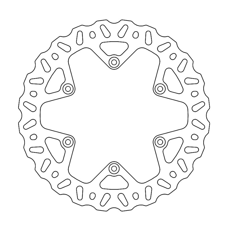A line drawing of a circular MOTO MASTER BRAKE DISC REAR MOTO MASTER NITRO YAMAHA YZ450F 20-21. The rotor features FLAME design cut-out shapes around the inner and outer edges, with a five-point star-shaped hub in the center. The outer edge has a wavy pattern for maximum control.