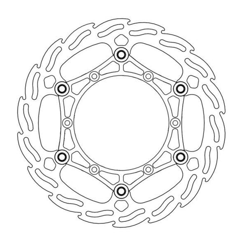Line drawing of the BRAKE DISC FRONT MOTO MASTER FLAME OVERSIZE 260MM KAWAKASI YAMAHA. The rotor, crafted from premium quality steel alloy by MOTO MASTER, features a round, perforated outer edge with multiple cut-outs and five small mounting holes near the center. Its intricate design showcases symmetrical patterns and a central hub that resembles a flame motif.