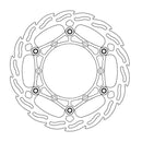 Line drawing of the BRAKE DISC FRONT MOTO MASTER FLAME OVERSIZE 260MM KAWAKASI YAMAHA. The rotor, crafted from premium quality steel alloy by MOTO MASTER, features a round, perforated outer edge with multiple cut-outs and five small mounting holes near the center. Its intricate design showcases symmetrical patterns and a central hub that resembles a flame motif.