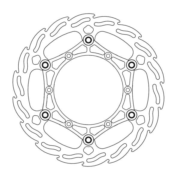 Line drawing of the BRAKE DISC FRONT MOTO MASTER FLAME OVERSIZE 260MM KAWAKASI YAMAHA. The rotor, crafted from premium quality steel alloy by MOTO MASTER, features a round, perforated outer edge with multiple cut-outs and five small mounting holes near the center. Its intricate design showcases symmetrical patterns and a central hub that resembles a flame motif.