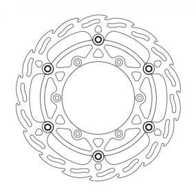 A diagram of the MOTO MASTER BRAKE DISC FRONT FLAME OVERSIZED 270MM for Yamaha YZ125, YZ250 (08-21), YZ250F (07-20), and YZ450F models, featuring a round central area adorned with cut-out patterns in both the inner and outer rings. The outer ring highlights a distinctive FLAME design with wave-like edges and multiple circular holes, ensuring optimal cooling. The rotor is intricately symmetrical in its design.