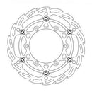 A diagram of the MOTO MASTER BRAKE DISC FRONT FLAME OVERSIZED 270MM for Yamaha YZ125, YZ250 (08-21), YZ250F (07-20), and YZ450F models, featuring a round central area adorned with cut-out patterns in both the inner and outer rings. The outer ring highlights a distinctive FLAME design with wave-like edges and multiple circular holes, ensuring optimal cooling. The rotor is intricately symmetrical in its design.