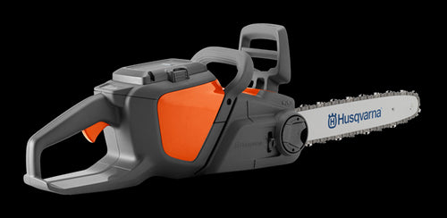 An orange and black Husqvarna 120i Battery Chainsaw (Skin Only) with a gray blade, featuring the Husqvarna logo and text on the blade. The chainsaw is modern in design with ergonomic handles and safety features, ideal for forestry tasks. It is positioned on a white background.