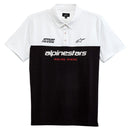 The Alpinestars Paddock Polo Black/White by Crown Kiwi Enterprises Limited features a white and black collared design with the iconic Alpinestars HD logo. The upper section is white displaying "ASTARS" on the left, while the lower section is black with "alpinestars" in white and "RACING AHEAD" in bold red text.