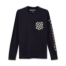 The Alpinestars Check Long Sleeve Tee Black by ALPINESTARS is a premium black cotton shirt featuring a black and white checkered pocket. The right sleeve has "ALPINESTARS" in beige with a logo above it, all using water-based print for a soft feel.